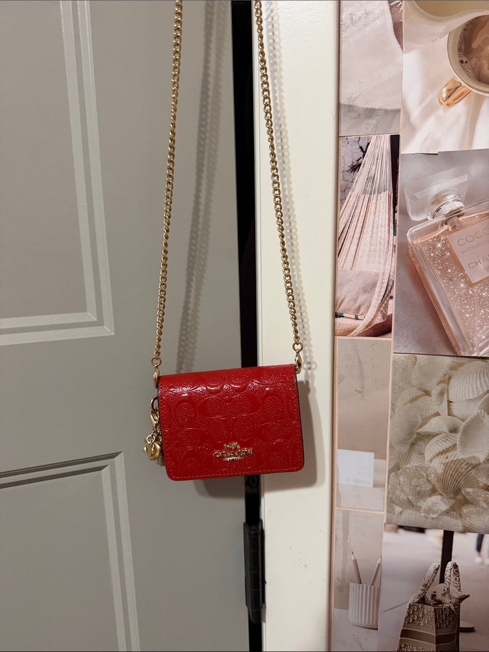 Coach Glossy Red Patent Signature Crossbody Wallet with Gold Chain Strap
